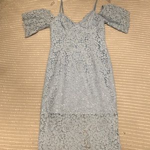 Fitted baby blue lace off the shoulder dress